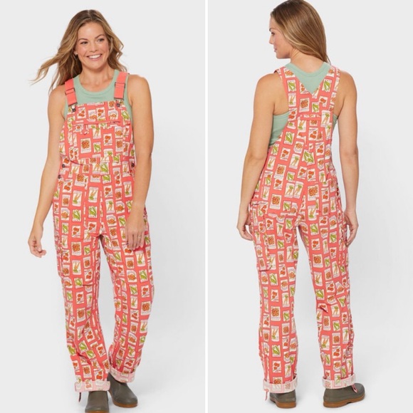 NWT Duluth Small x35L Heirloom Gardening Bib Overalls Coral Seed Packets Farming - Picture 9 of 9